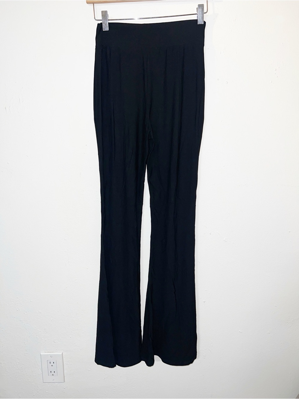 Vocal Black Wide Leg Flare Pull On Pants with Vertical Rhinestone Trim - Picture 4 of 7